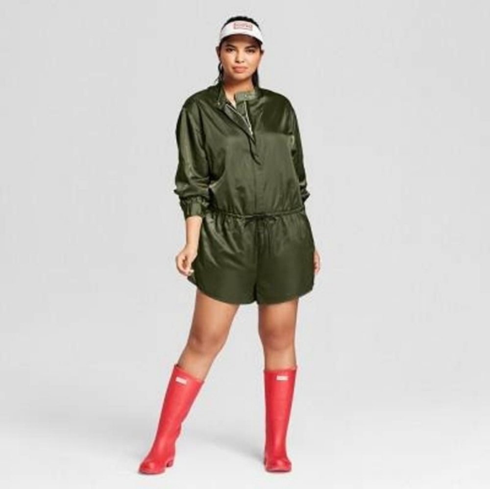 🌸 New Hunter Army Green Drawstrings Waist Button Up Shortalls Romper Size XS